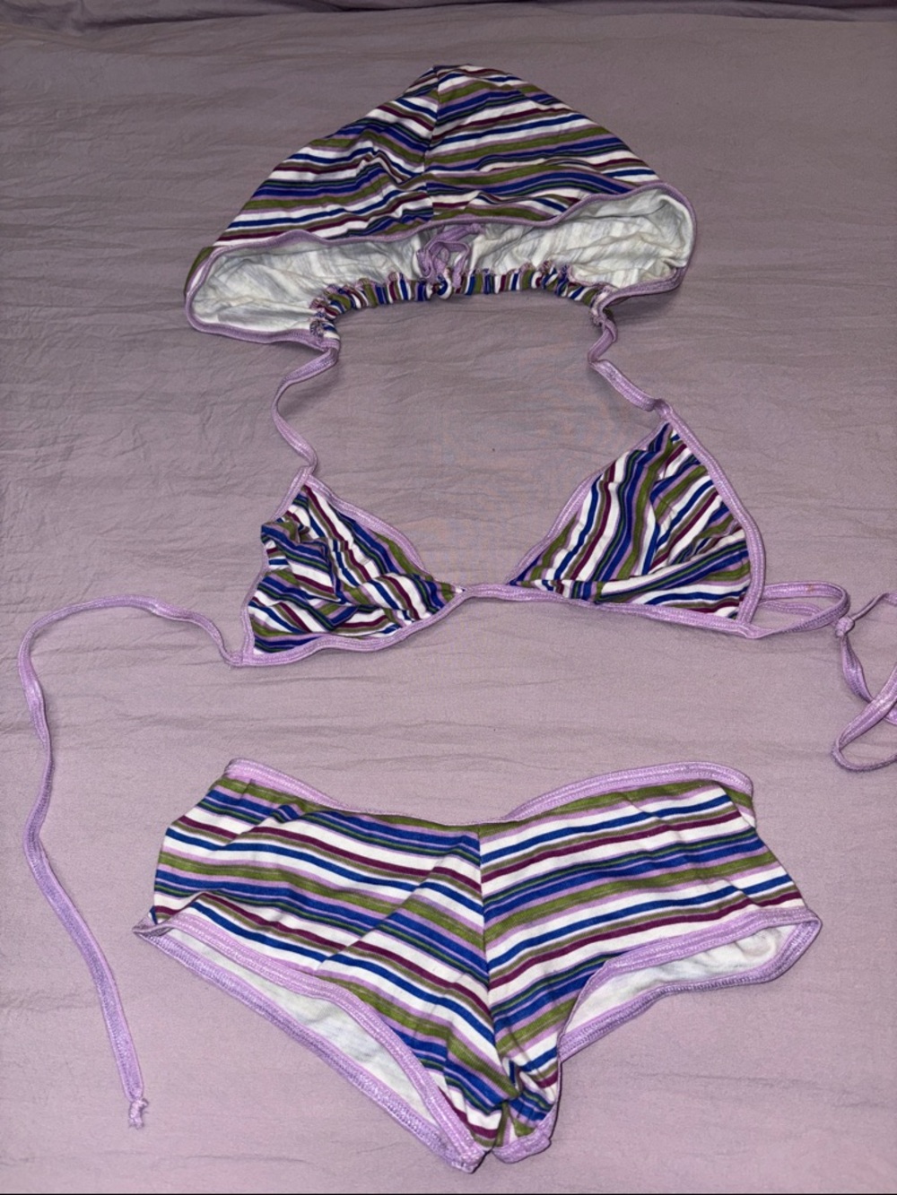Striped Triangle Bralette & Shorts Set with Lavender Trim